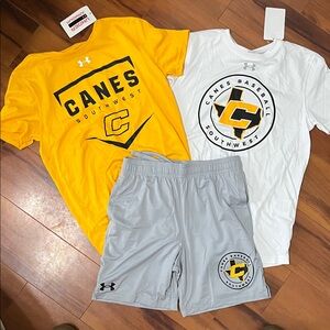 Under Armour Canes Baseball practice shirts and shorts